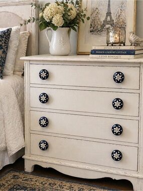 Set of 8 Casa Decor Navy Blue White Ceramic Drawer Knobs Floral Cottagecore Boho